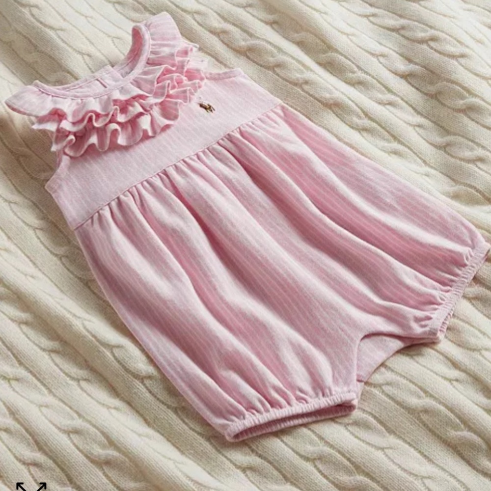 Ralph Lauren Baby Girls Striped Ruffled Mesh Bubble Shortall